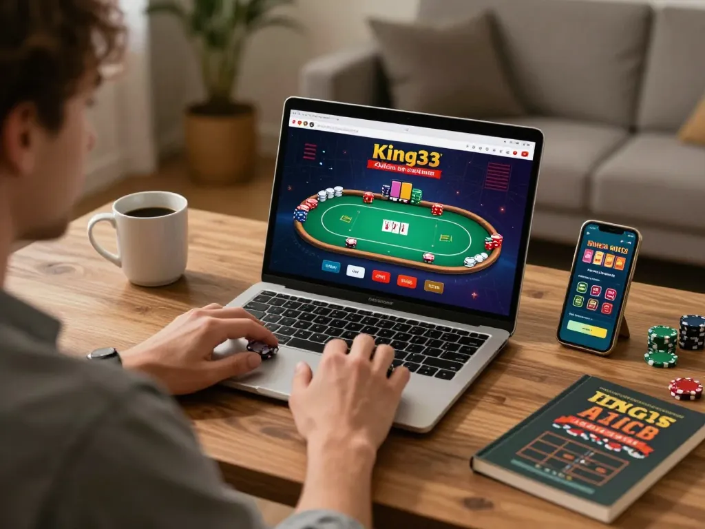 Player enjoying online King33 poker game on laptop, strategic atmosphere with coffee and betting notes.