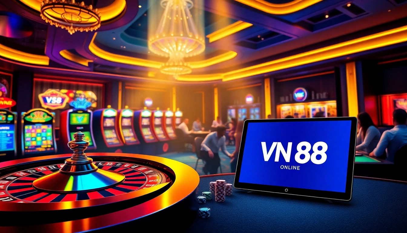 Players enjoying an immersive online gaming experience at vn 88 casino with slot machines and a roulette wheel.