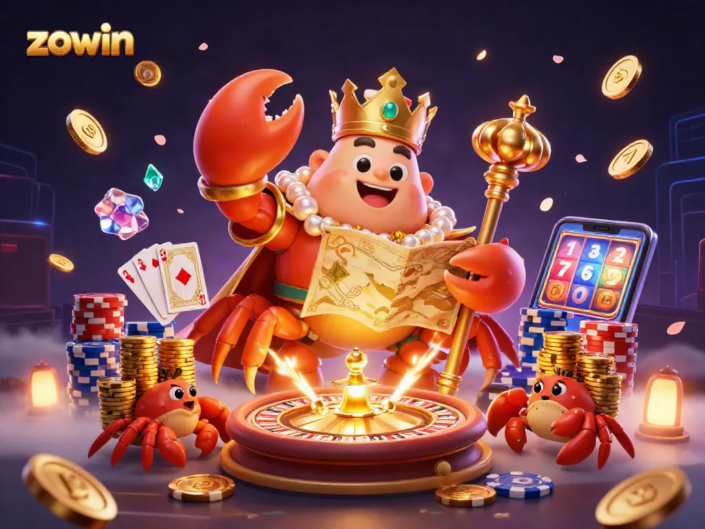 Zowin players enjoy vibrant casino games surrounded by sparkling treasures and golden chips.