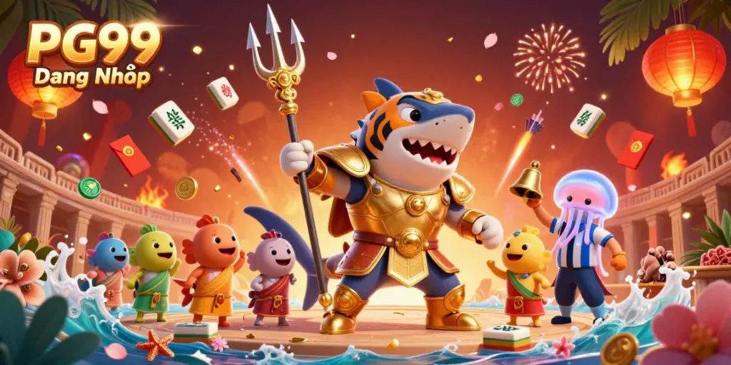 Engage with PG99 Đăng Nhập through a vibrant, underwater casino scene featuring a tiger shark gladiator.