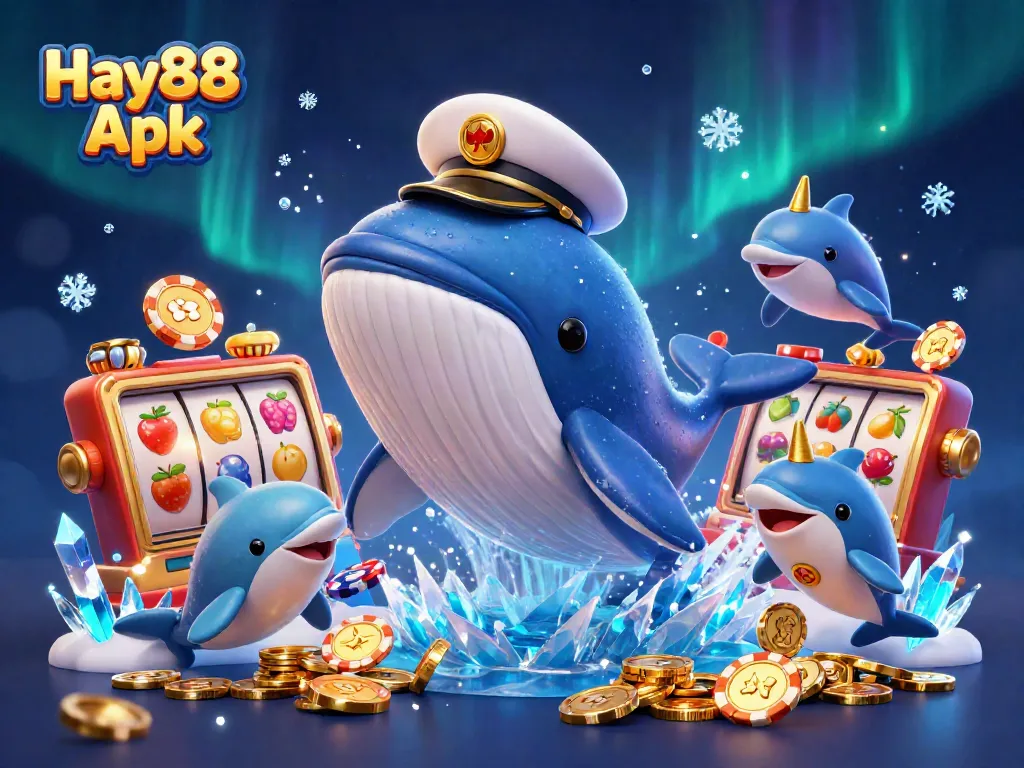 Experience Hay88 Apk excitement with a dazzling casino scene featuring a whale and playful dolphins amidst a blur of golden coins.