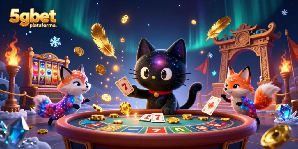 Engage with 5gbet plataforma in this vibrant cosmic casino scene featuring cartoon characters and captivating elements.
