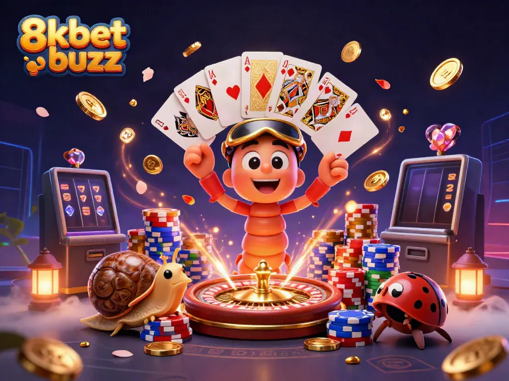 Experience thrilling gameplay at 8kbet buzz with captivating casino scenes, vibrant characters, and dynamic gaming elements.