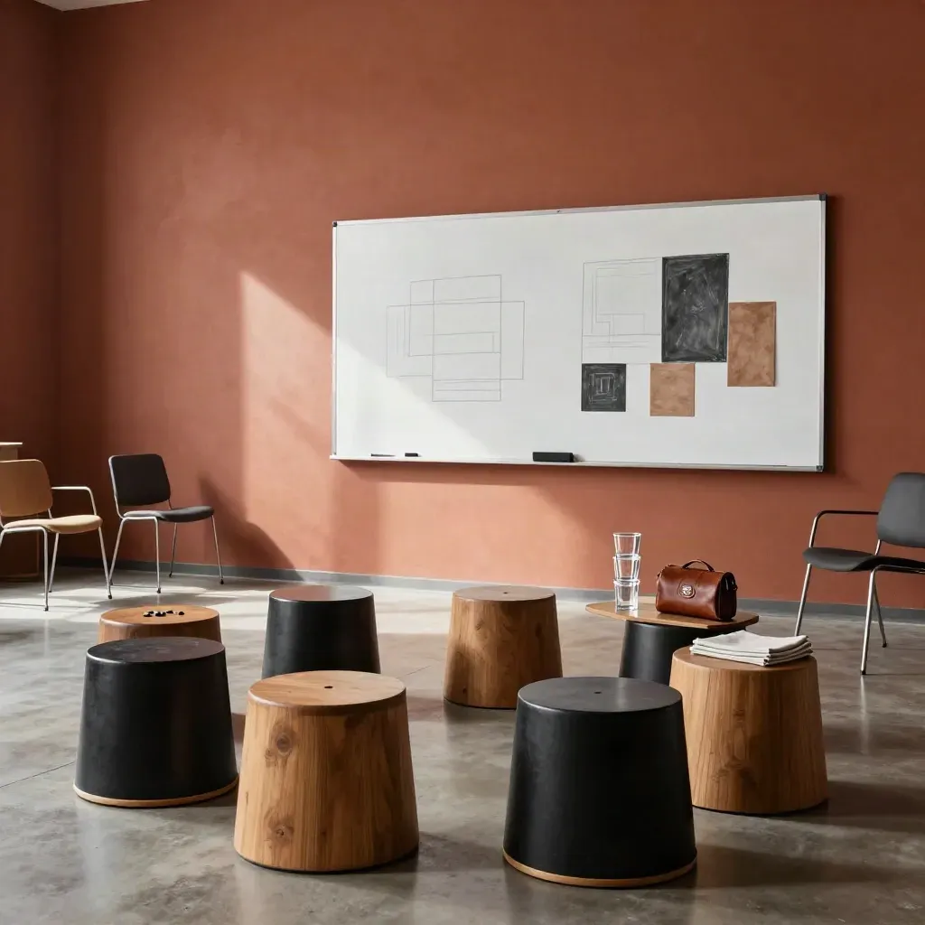 Sala de workshop pronta, com seis bancos baixos e quadro móvel com blocos abstratos.