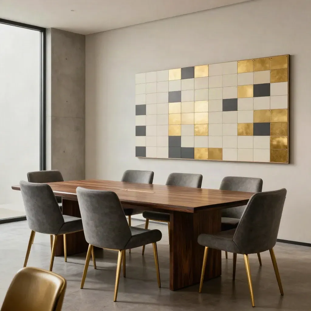 Sala de reunião alinhada com quadro magnético, mesa escura e seis cadeiras em ordem.