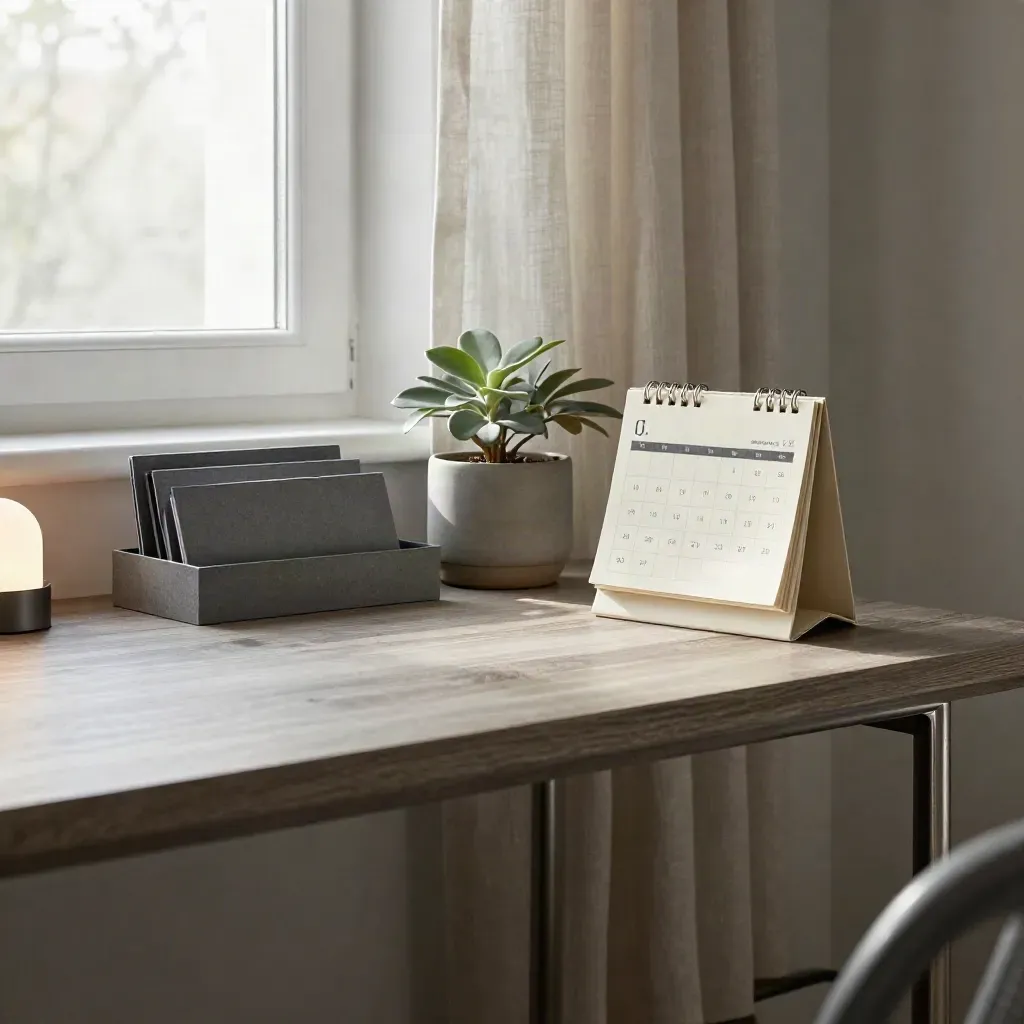 Canto de agenda com mesa fina, calendário fechado, abas empilhadas e planta discreta.