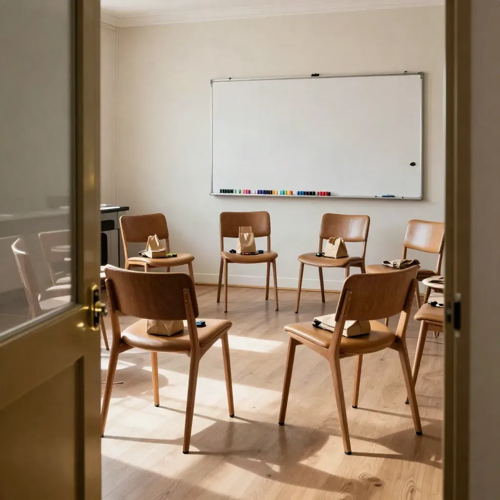 Sala de workshop vazia com cadeiras em círculo, kits nas cadeiras e quadro magnético limpo.