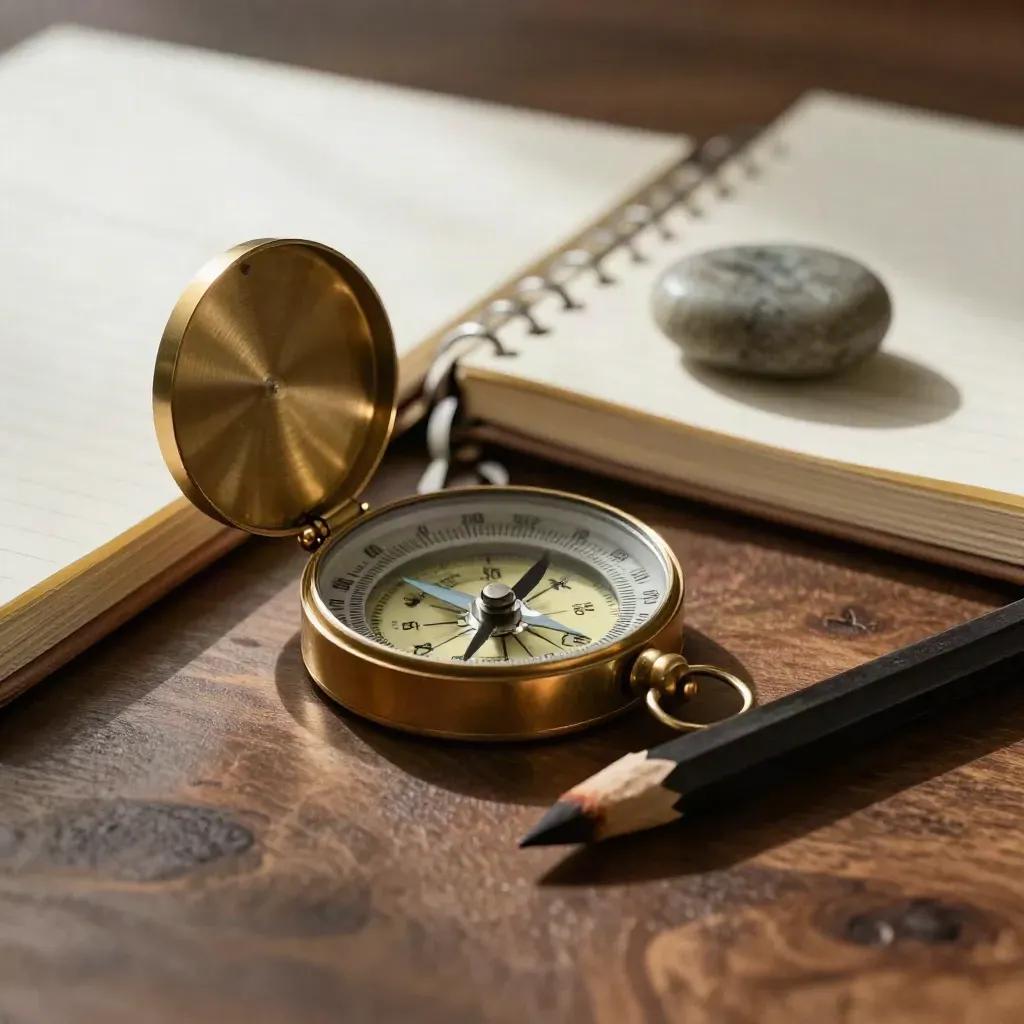 Kit de mentoria em macro: bússola de bronze, caderno de linho, peso de pedra e lápis sobre nogueira.