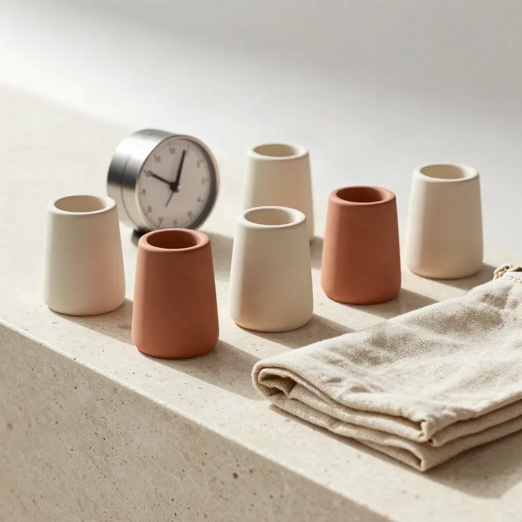 Kit de coaching de hábitos com marcadores cerâmicos, timer e bolsa de linho sobre pedra.