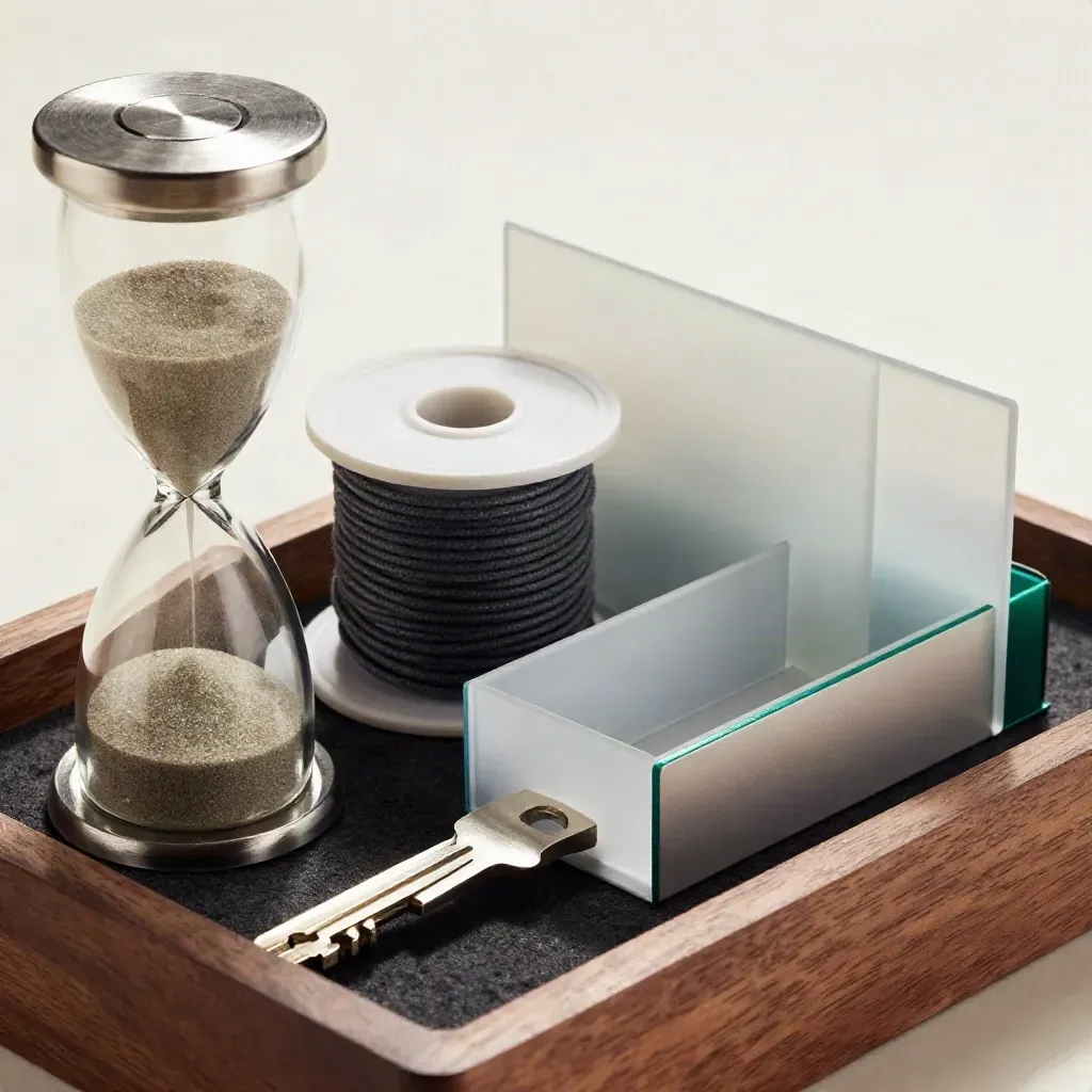 Kit de produtividade com ampulheta, organizador de cabos e divisórias sobre madeira.