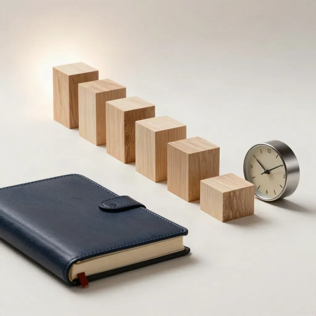 Blocos de madeira, caderno fechado e relógio compacto em fundo claro, com luz suave e composição minimalista.