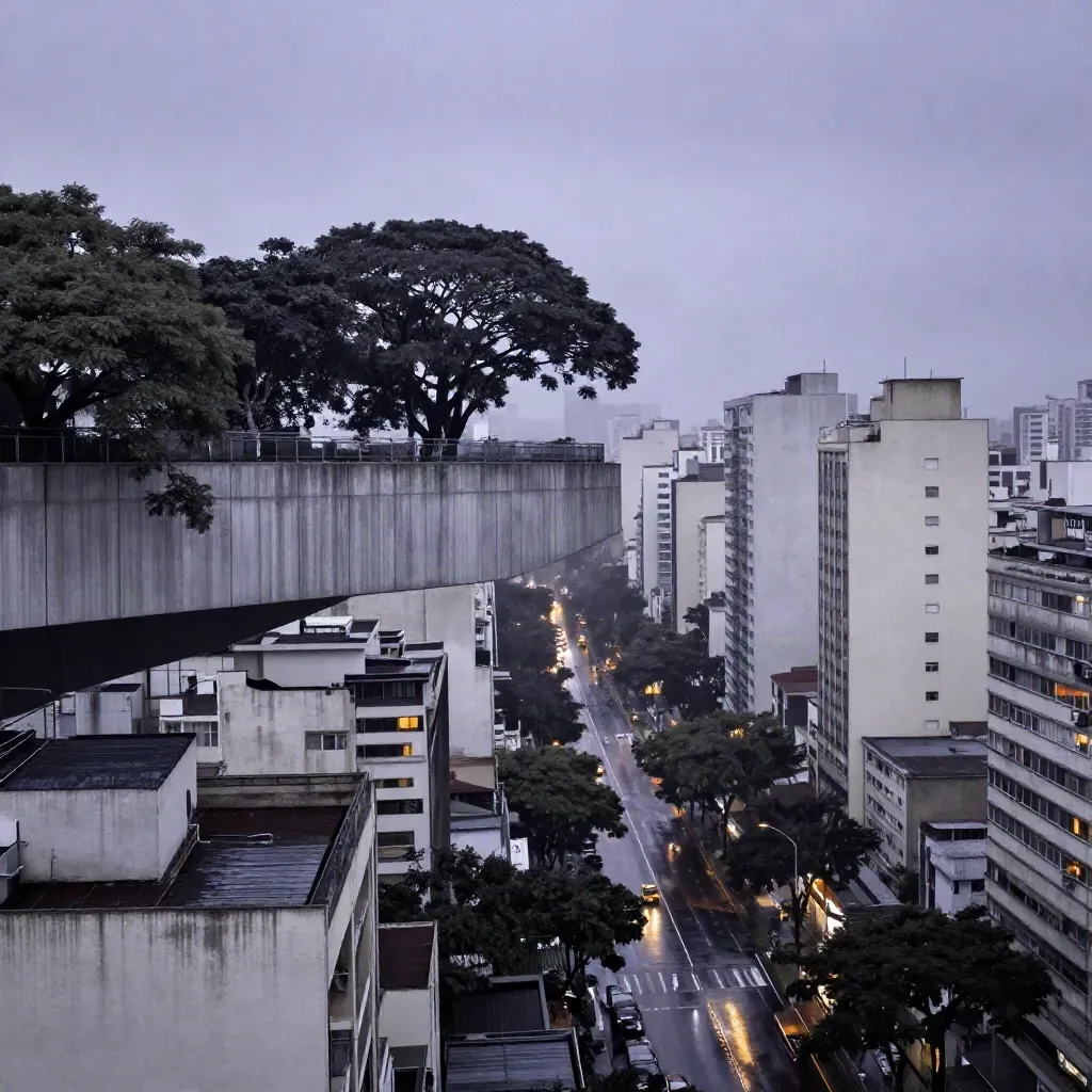 Skyline de São Paulo ao entardecer úmido, MASP alto e avenida serena sob névoa dourada.