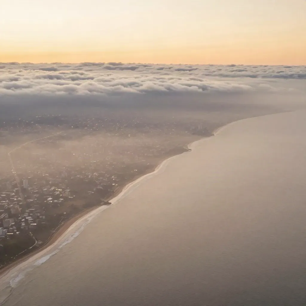 Vista aérea abstrata do litoral do Brasil ao amanhecer, com nuvens e brilho dourado.