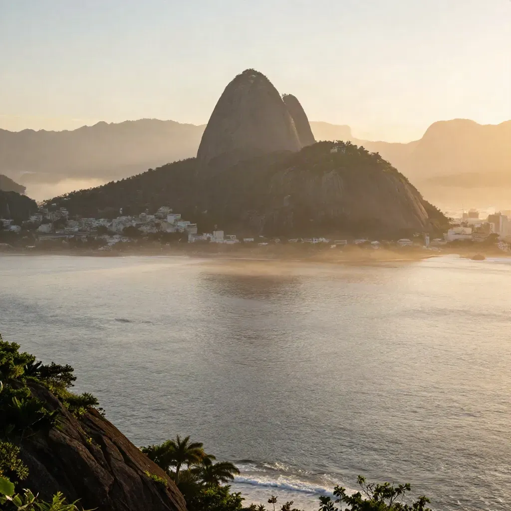 Vista dourada do Pão de Açúcar sobre a Baía de Guanabara com neblina e mar calmo.