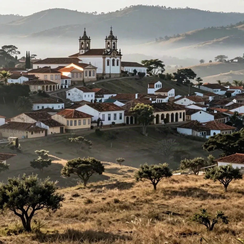 Vista aérea de cidade histórica em Minas Gerais com morros, telhados barrocos e neblina