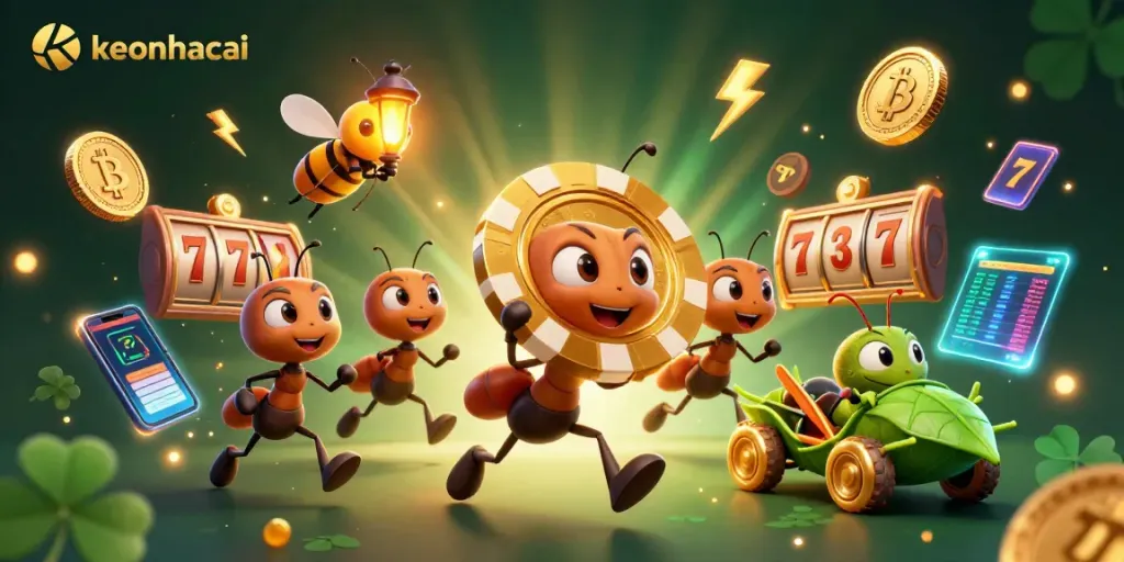 Engage in the thrilling keonhacai experience as ants execute a heist with vibrant casino elements.