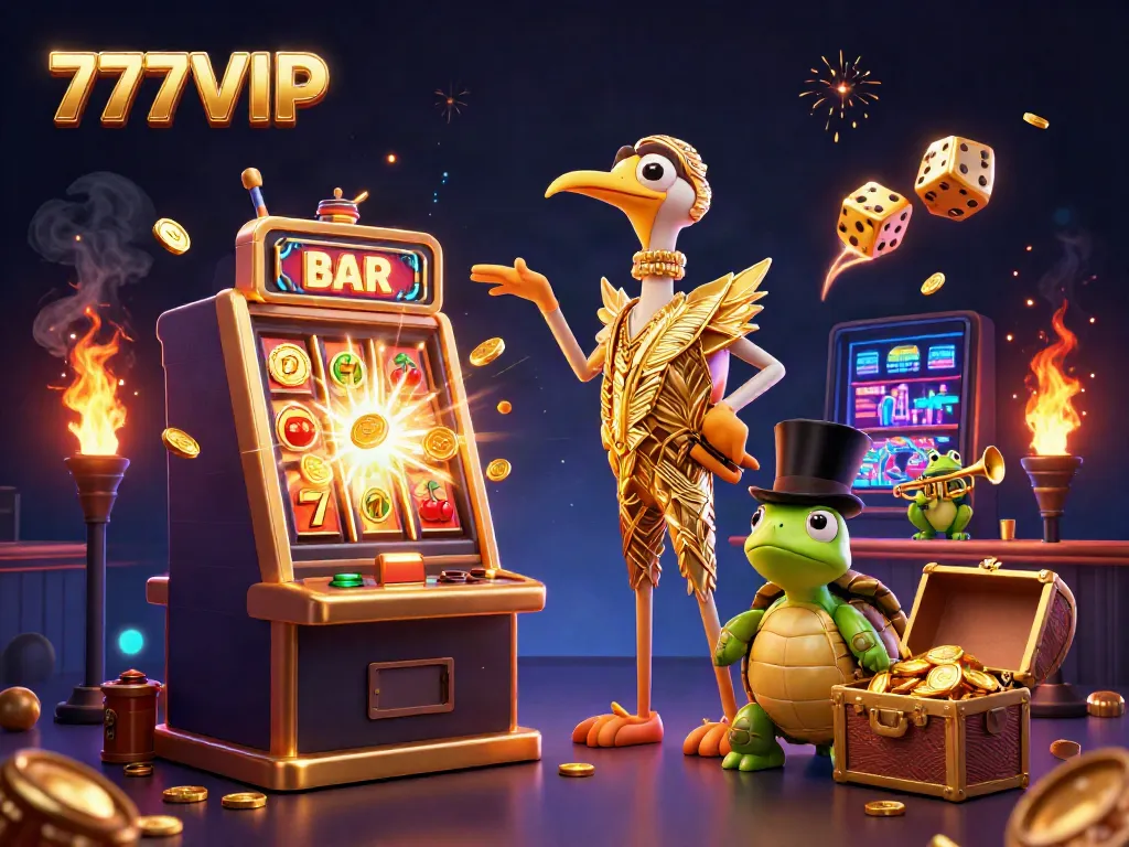 777VIP slot machine bursting with coins and colorful symbols at a vibrant speakeasy scene.