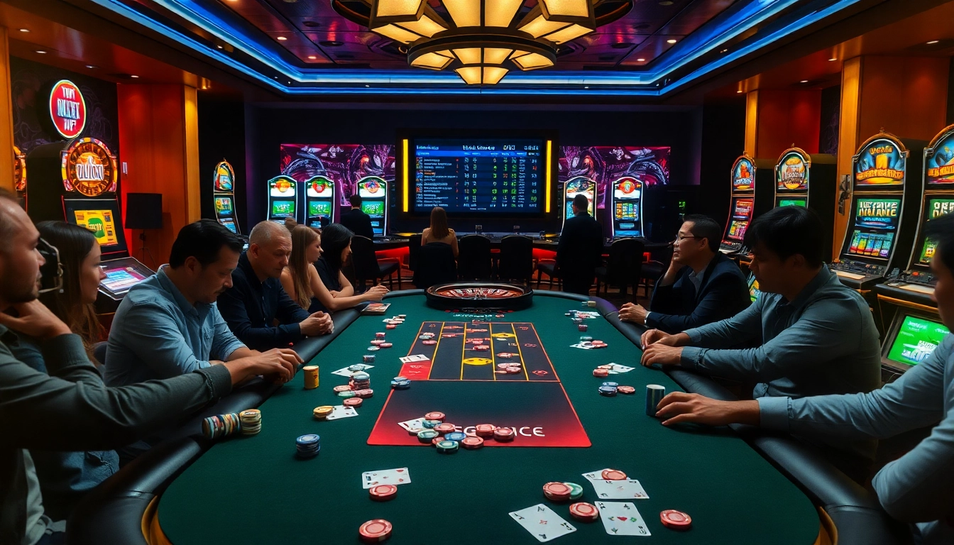 The exciting atmosphere of gambling at https://rikvip11.info/, featuring energetic players at a casino table.
