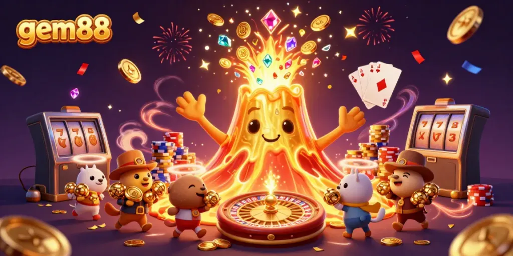 Experience thrilling gameplay at gem88 with a vibrant golden volcano erupting coins and gems in this dynamic illustration.