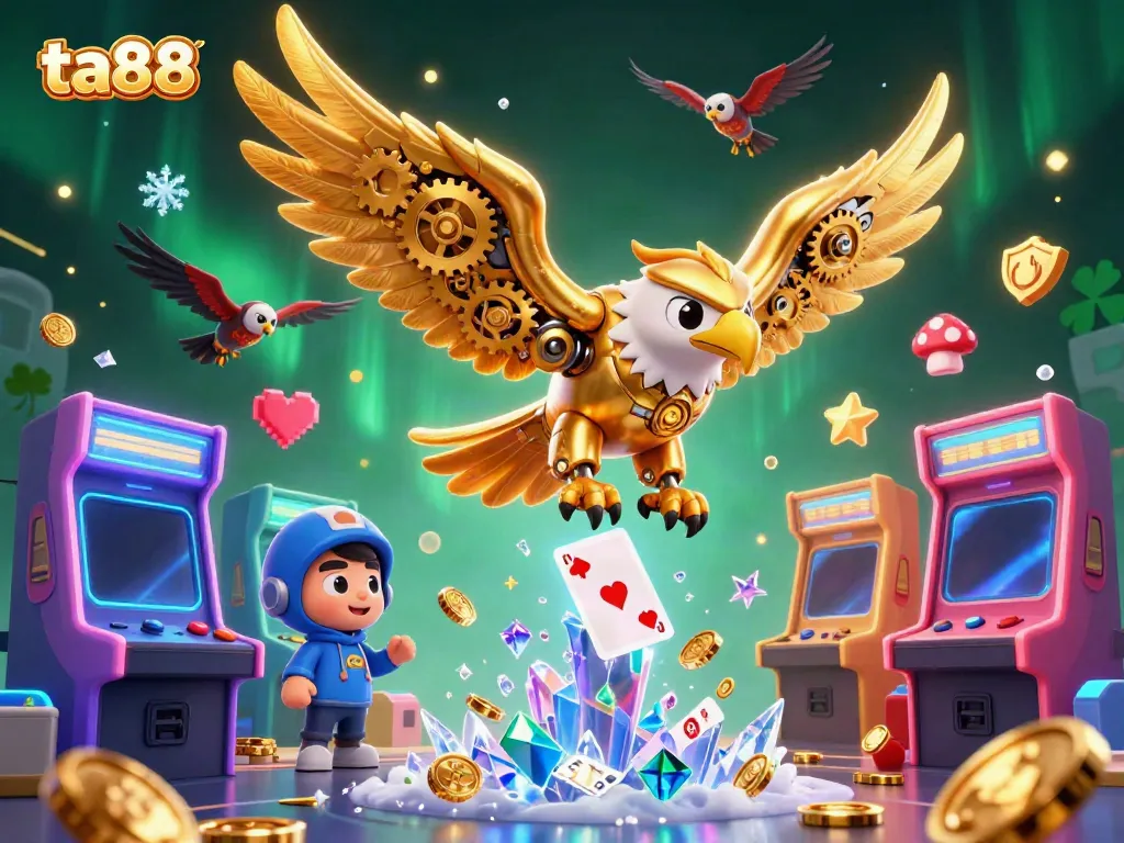 Experience thrilling wins at ta88 with engaging golden eagle characters amidst vibrant casino game elements.