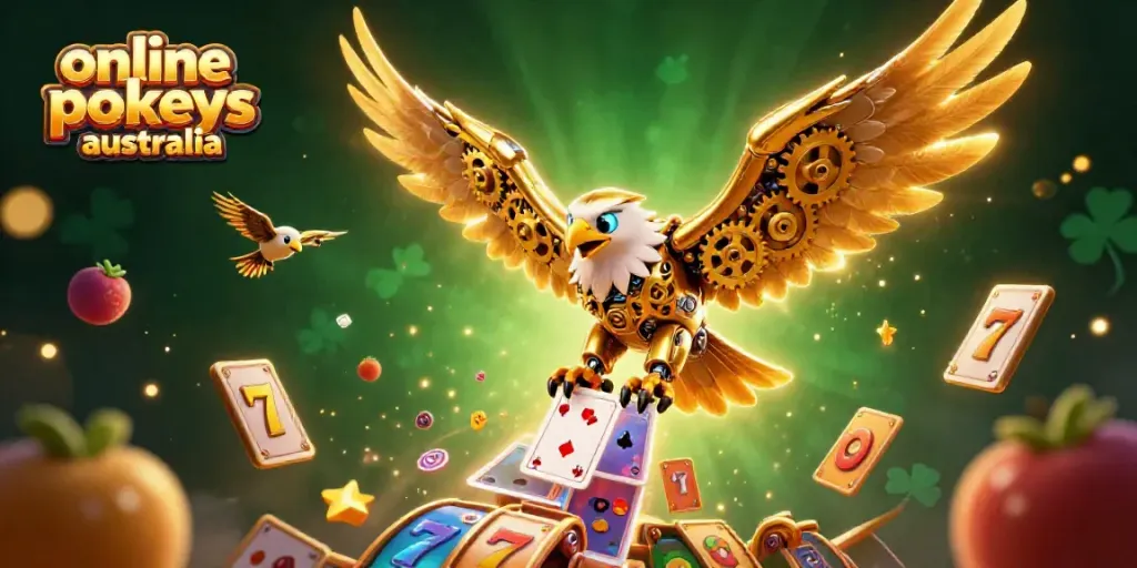 Experience the thrill of online pokies Australia with a dazzling scene showcasing a cybernetic eagle amidst colorful slot elements.