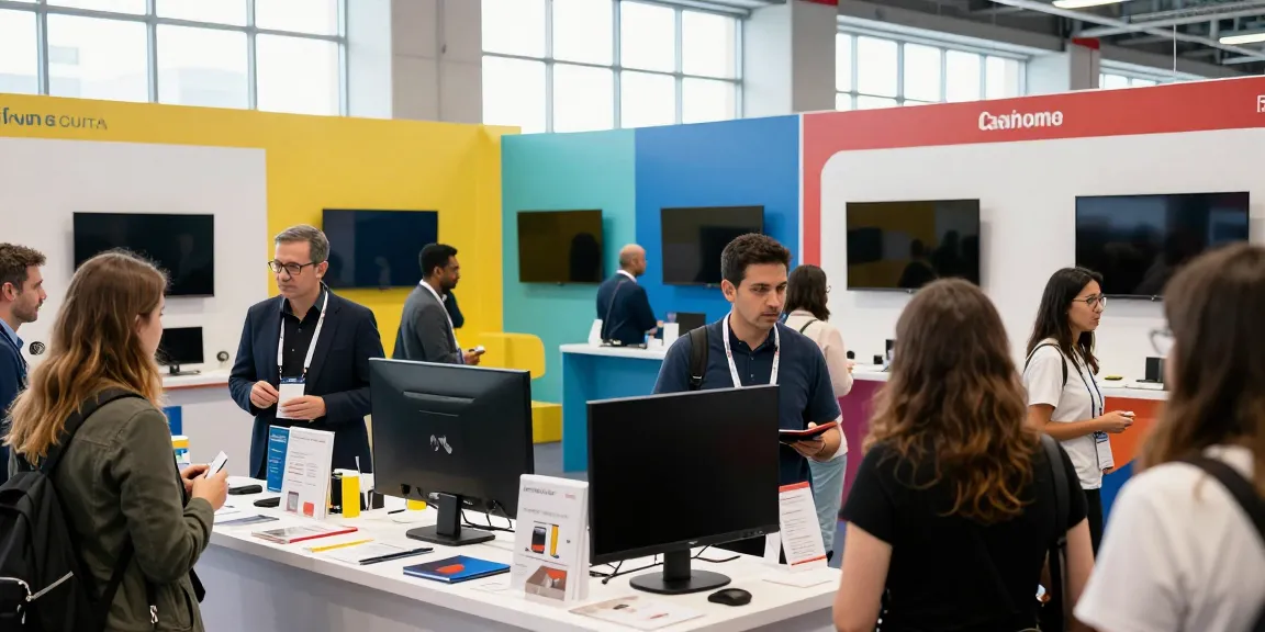 Dynamic expo scene with Expositores engaging attendees at a vibrant conference.