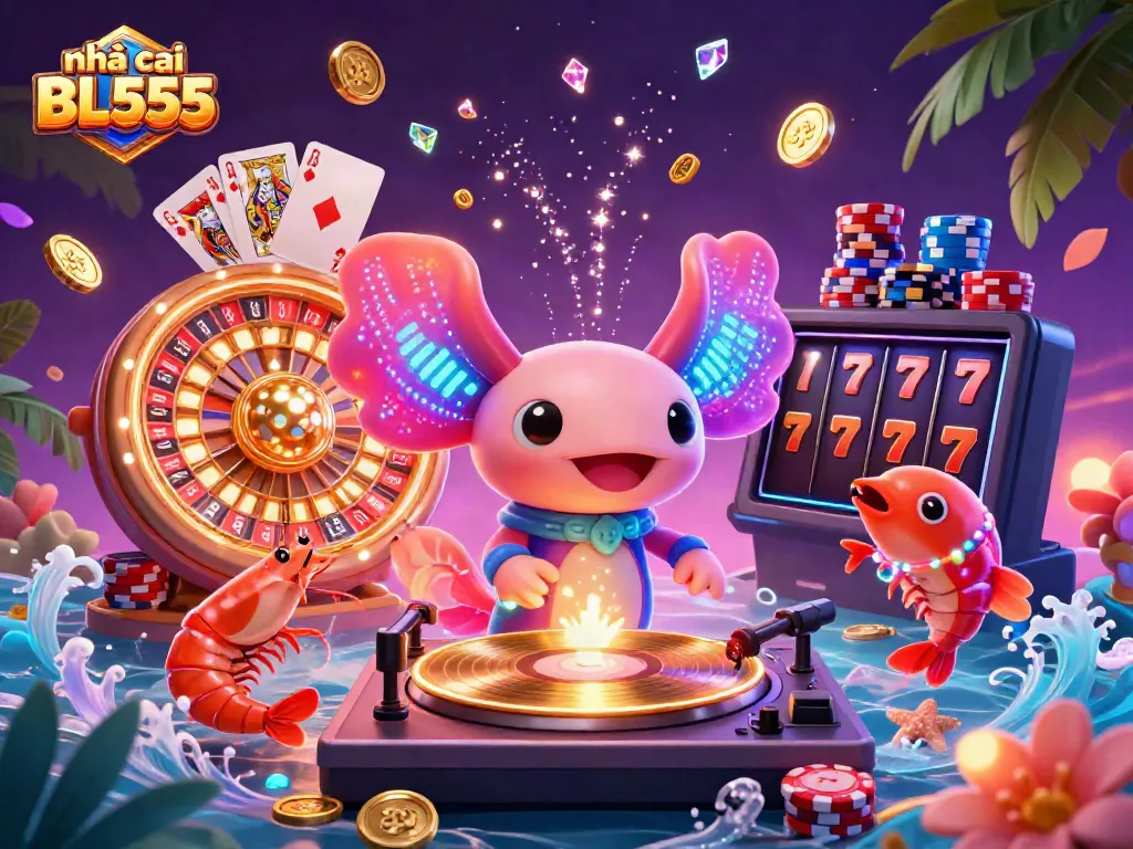 Experience the vibrant gaming world of nhà cái BL555 with a neon axolotl DJ and lively sea creatures.