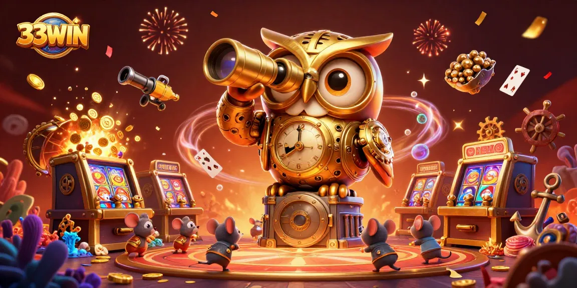 Experience the thrill at 33WIN with a golden owl overseeing a dynamic casino scene.
