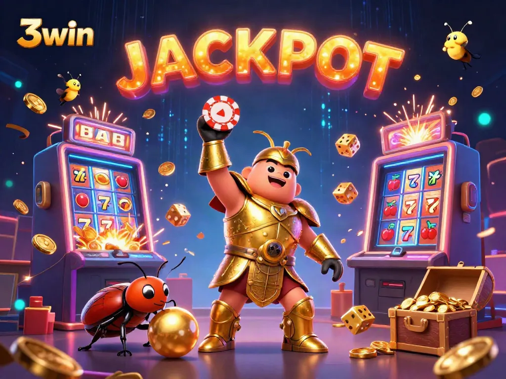 Win big at 3win with an exciting, vibrant jackpot celebration scene featuring cartoon characters.