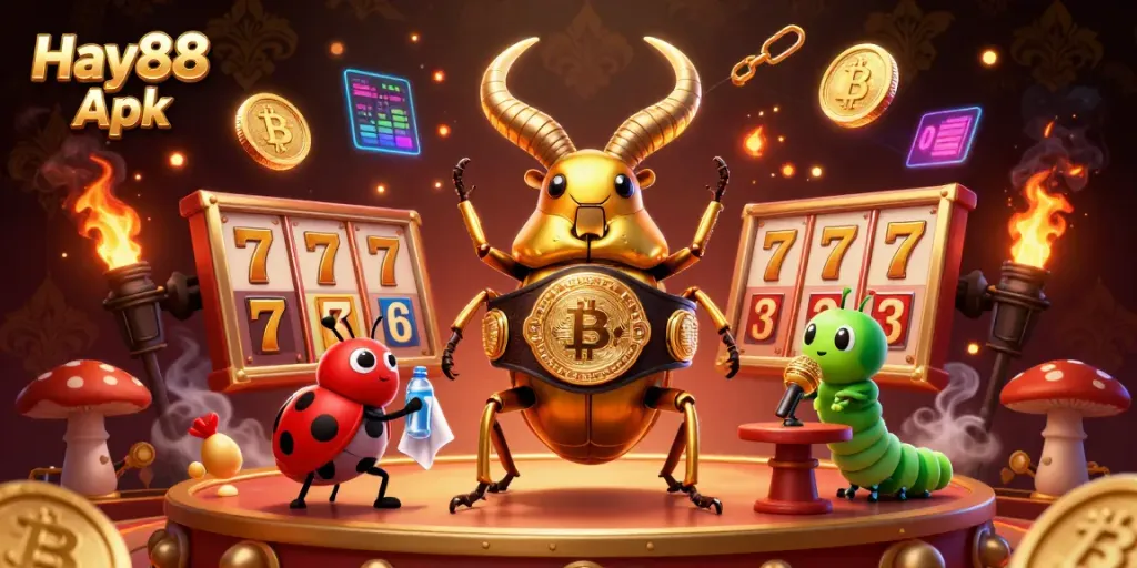 Engage in gaming action with Hay88 Apk, featuring a glowing golden beetle and casino elements.