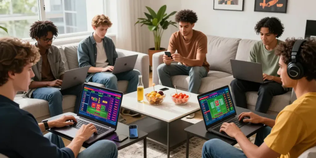 Engaged players using https://uk88win.org/ for sports betting in a lively urban setting.