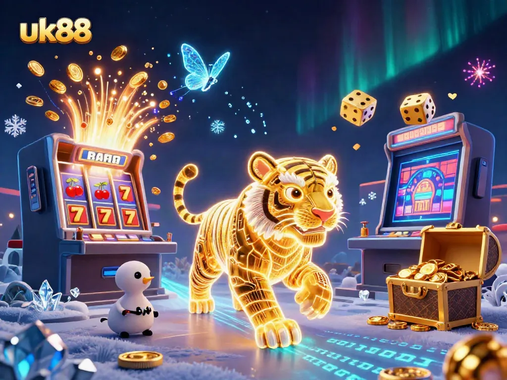 Experience thrilling action with uk88 in a vibrant digital casino landscape featuring an energetic golden tiger.