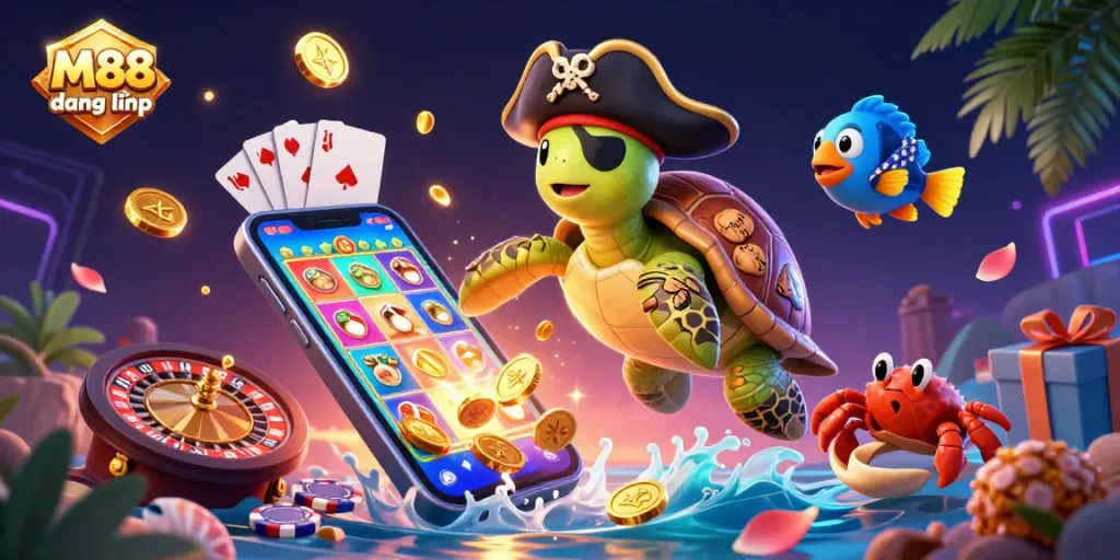 M88 đăng nhập vibrant casino scene featuring a pirate turtle and treasure elements.