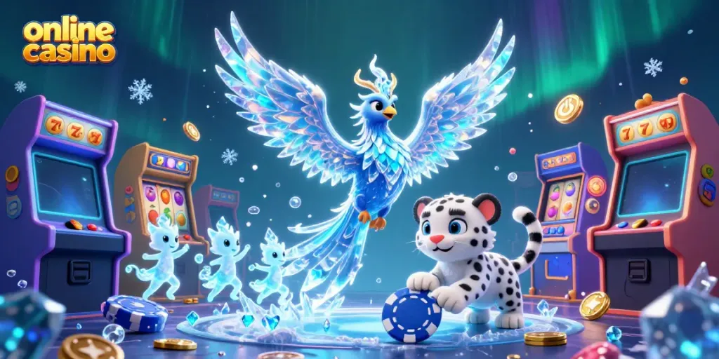 Play thrilling games at this vibrant online casino featuring a magical ice phoenix and gaming elements.