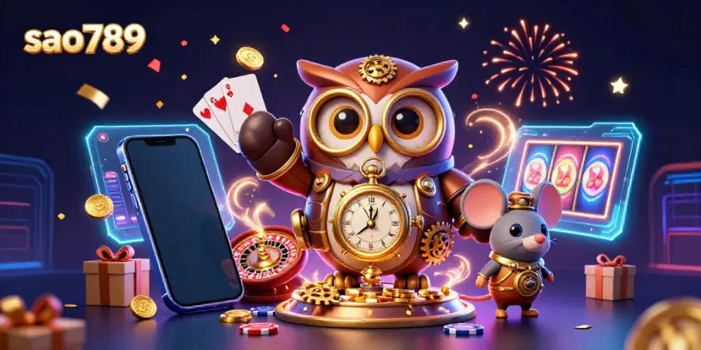 Engage in thrilling action at sao789 with a time-traveling owl in a captivating steampunk casino scene.