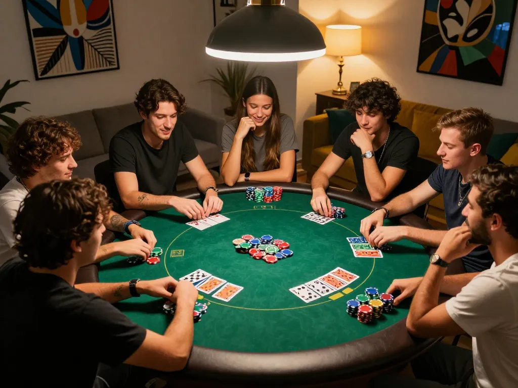 Jogadores aproveitando uma noite dinâmica de pôquer em casa, com jogos do 887bet e a emoção das apostas sociais