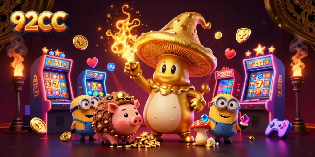 Experience 92CC magic with vibrant slot machines, golden wizard, and treasures in a rich casino scene.