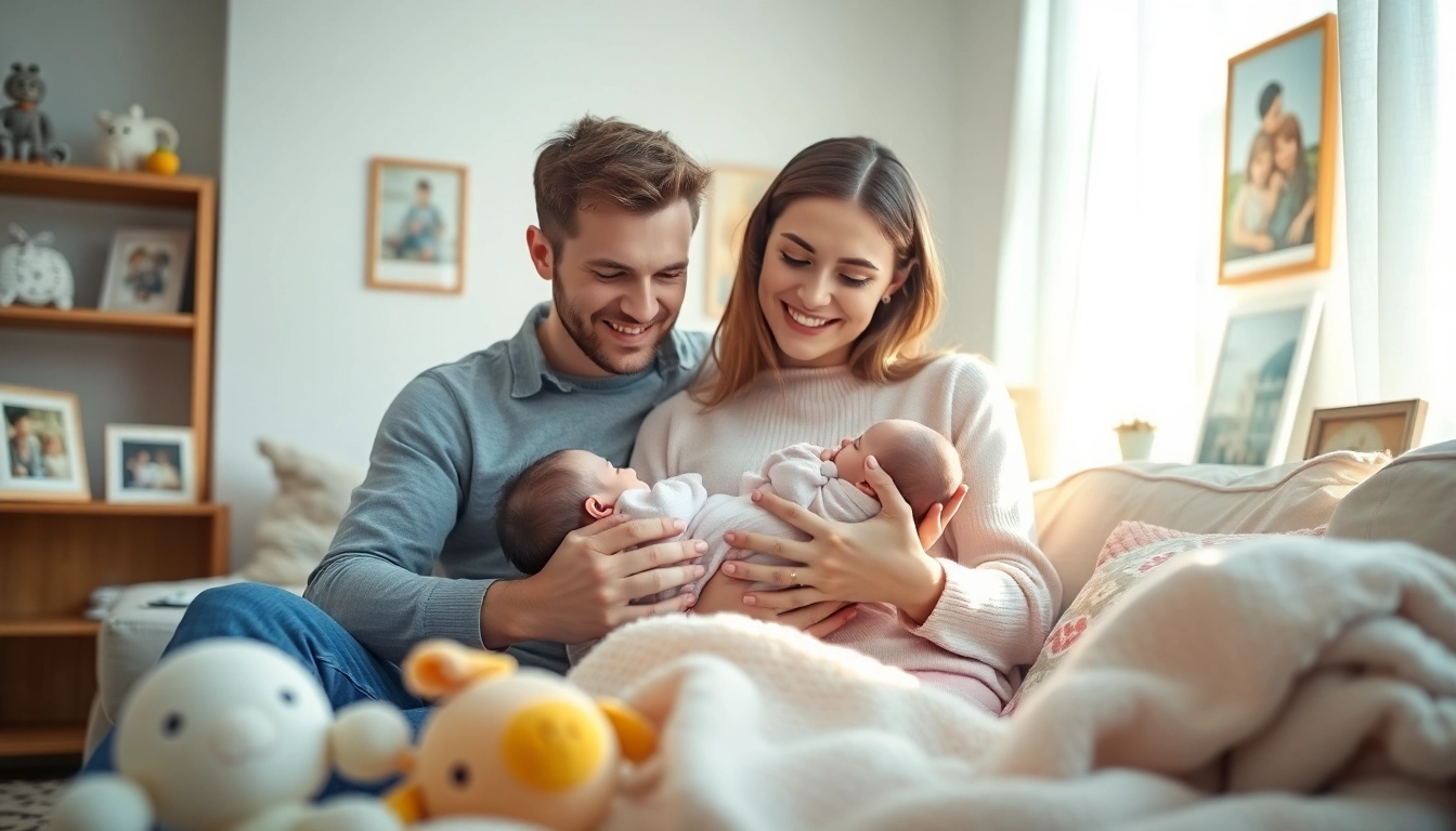 Family with new bornbaby enjoying a cozy moment together in a warmly lit home.