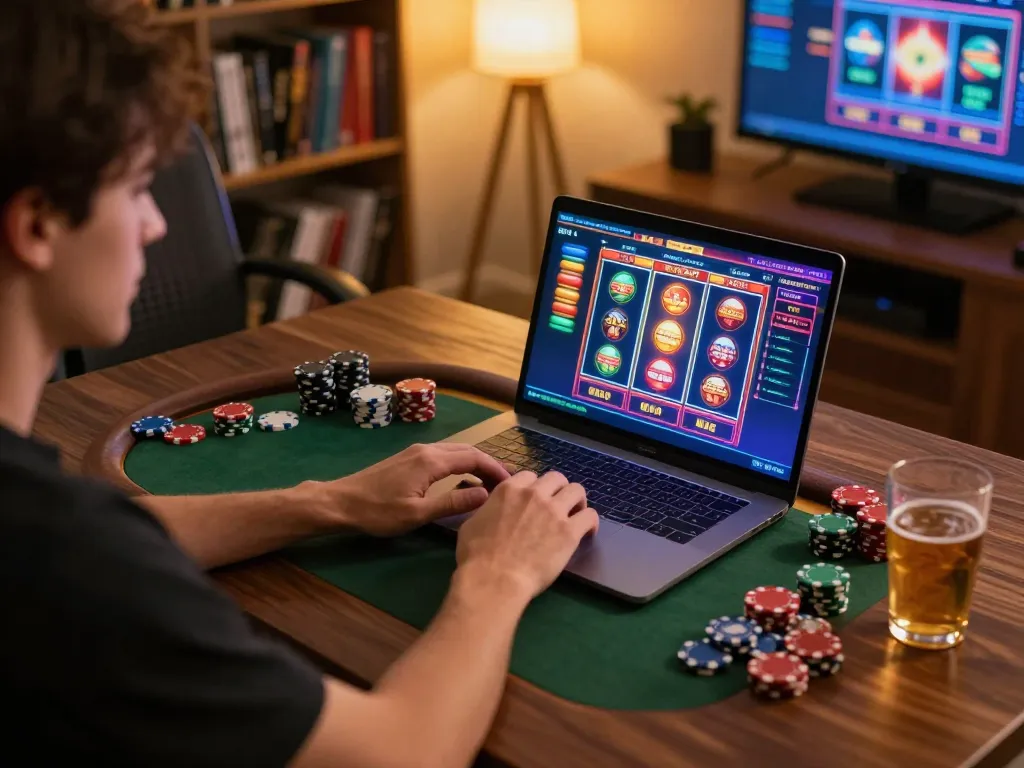 Player spins the reels on 75W online slots from the comfort of home, showcasing an engaging gaming environment.