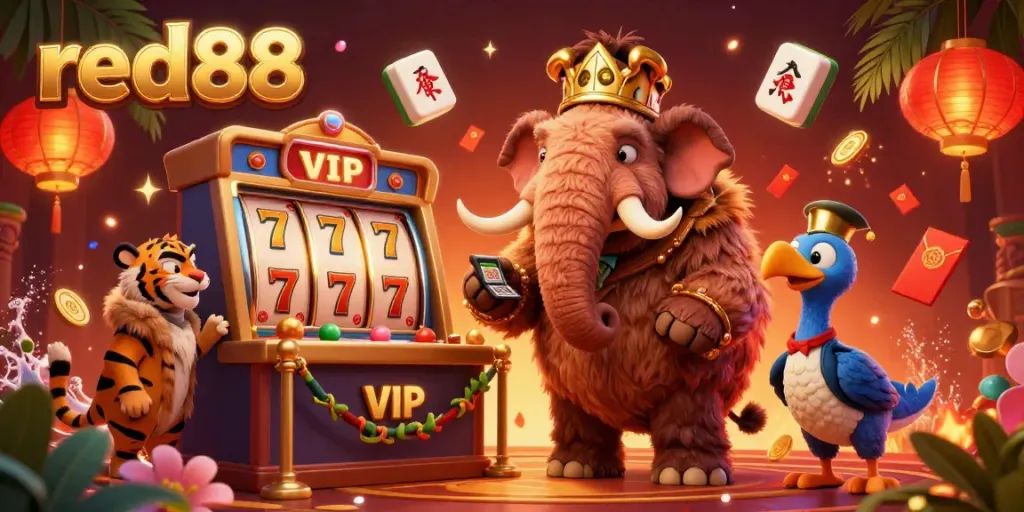 Experience the thrill of red88 with vibrant slots, VIP characters, and festive decorations in a lively casino scene.