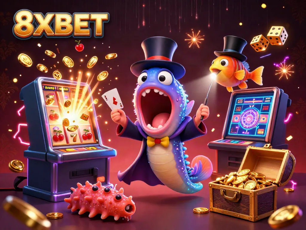 Experience thrilling gaming action with 8XBET's unique deep-sea casino illustration featuring vibrant characters.