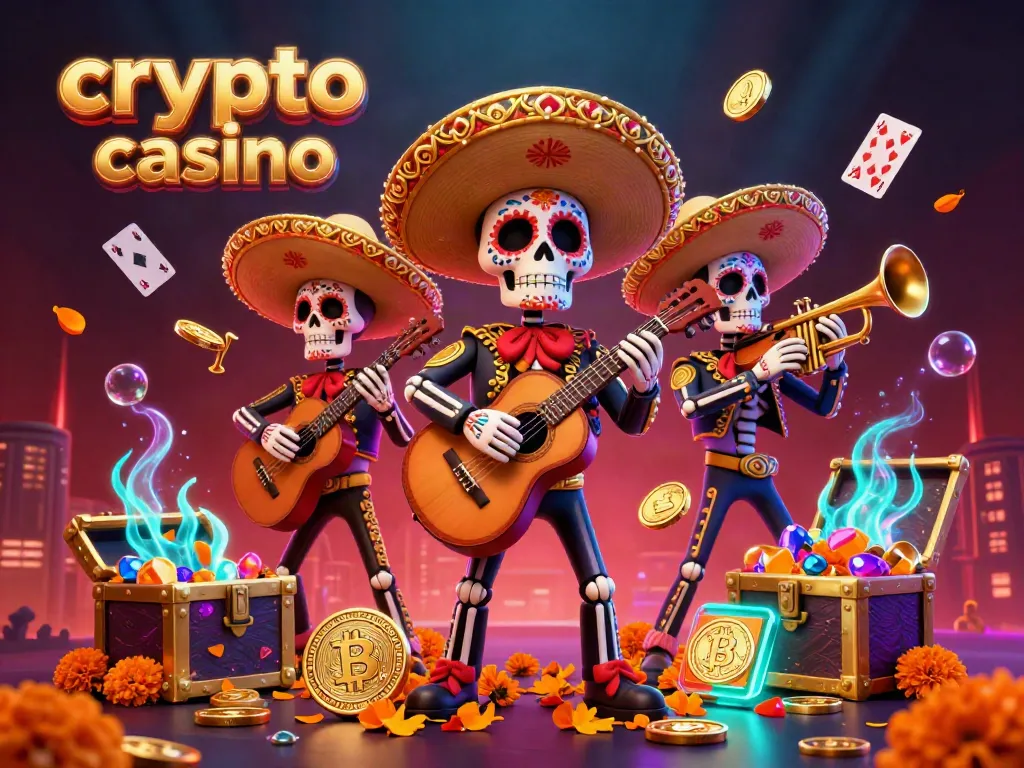 Engaging illustration of a vibrant crypto casino scene with a mariachi band and Bitcoin-themed gaming elements.