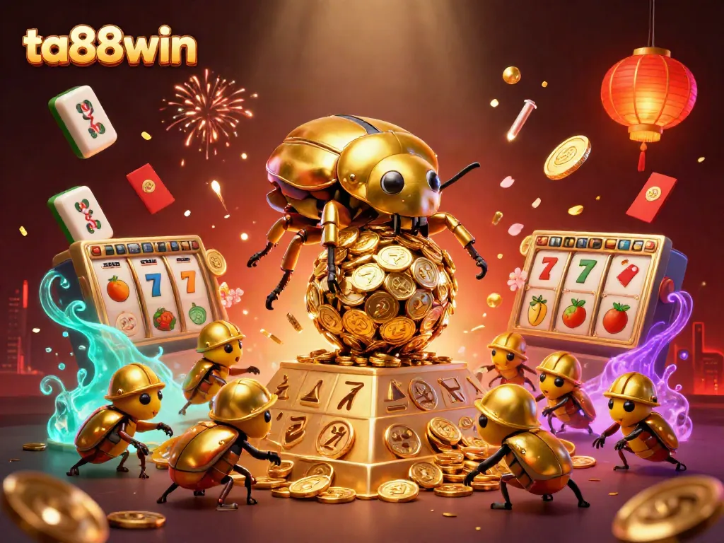 Experience the excitement of ta88win with a golden beetle rolling coins in a vibrant casino setting.