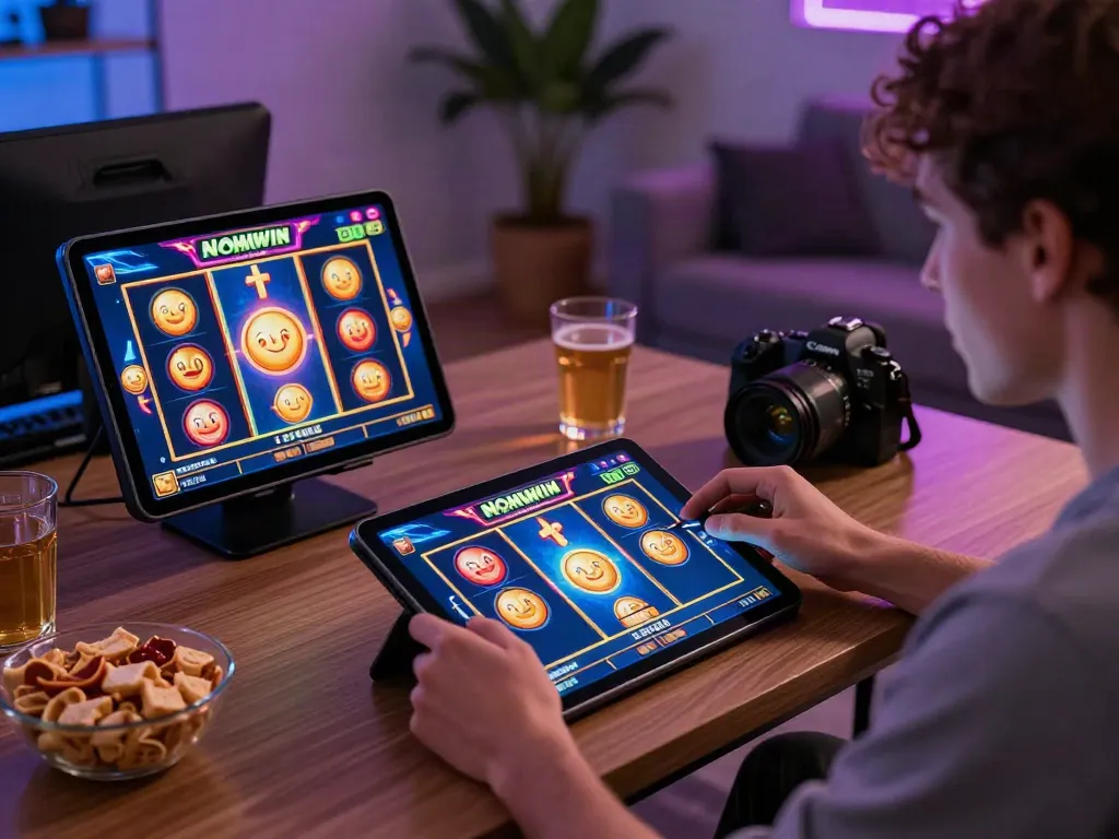 Nohuwin player enjoying a vibrant slot game on a tablet, cozy and inviting gaming atmosphere.