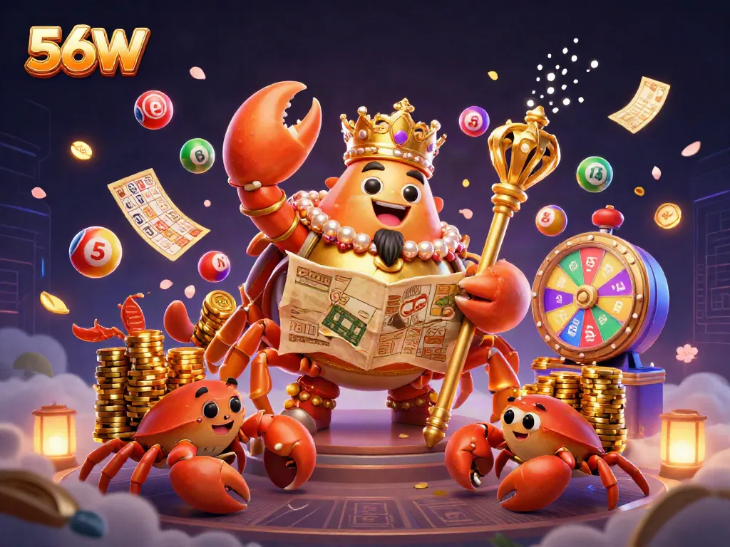Experience thrilling gaming with 56W's vibrant 3D illustration featuring a golden crab emperor, lottery elements, and captivating visuals.