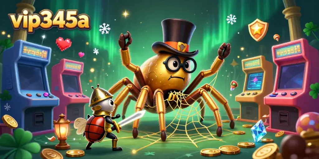 Experience thrilling gameplay with the vibrant vip345a casino illustration, featuring a golden tarantula and gaming elements.