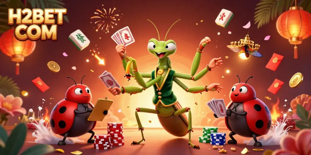 Engage with H2BET COM's vibrant online casino scene featuring a giant mantis dealer and ladybug pit boss.