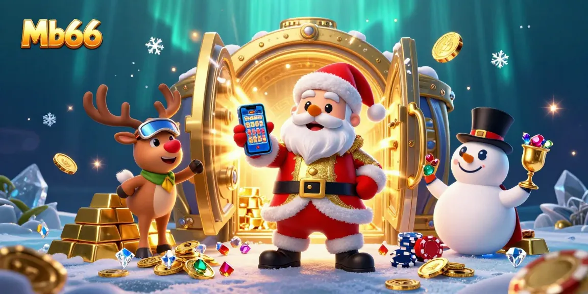 Engage in thrilling gameplay at Mb66 Casino with a festive illustration featuring Santa and friends amidst jackpots.