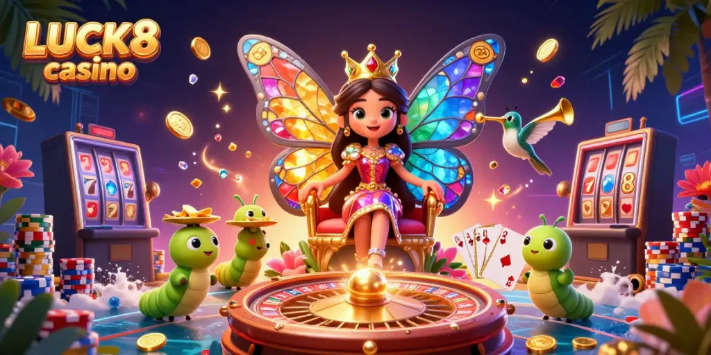 Win big at LUCK8 casino with the enchanting butterfly queen and vibrant gaming elements.