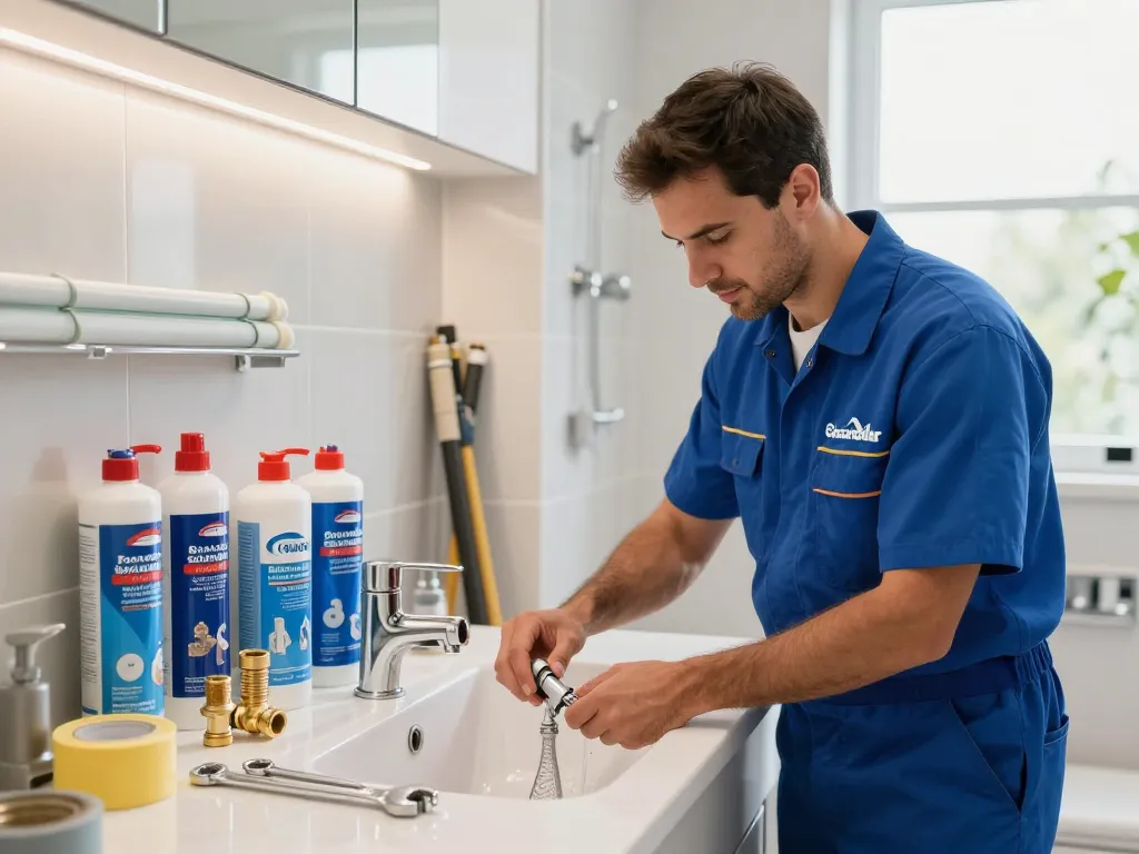 Plumber in São Paulo repairing sink with PEX pipes and tools.